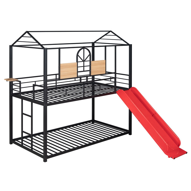 Twin Over Twin Metal Bunk Bed ,Metal Housebed With Slide- Black and Red