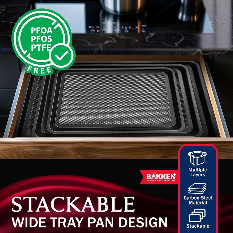 BAKKEN Kitchen Baking Pans - Small, Medium, and Large Cookie Pan (13.58&times;9.65, 15.75&times;11, 17.91&times;12.60), Nonstick, Diamond Texture Bottom