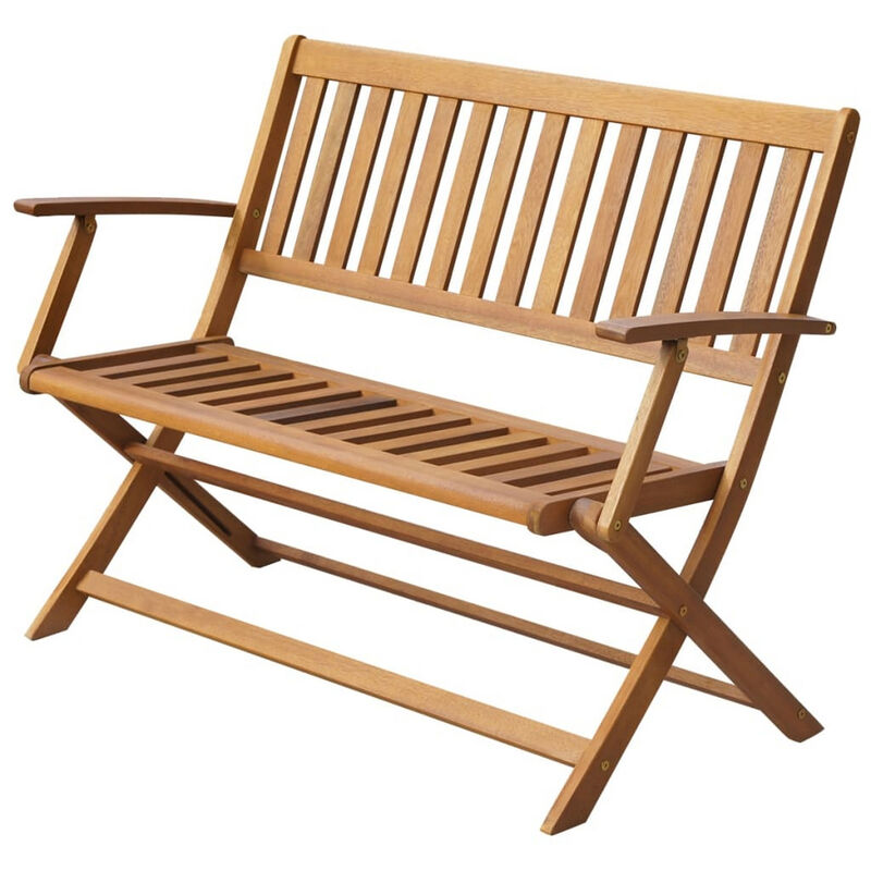 Jenny Outdoor Bench, 47 Inch, Brown Acacia Wood, Folding X Cross Legs - Benzara