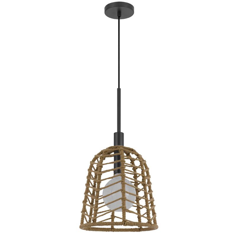 Pendant Light, Bell Style Caged Body with Braided Burlap Rope, Black Metal image number 3