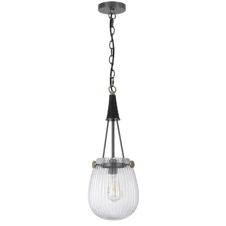 Cora 8 Inch Pendant Light w Gray Gold Chain, Fluted Raindrop Glass - Benzara