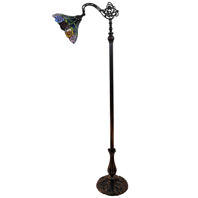 Hivvago 62" Brown Torchiere Floor Lamp With Blue and Yellow Flowers Glass Dome Shade