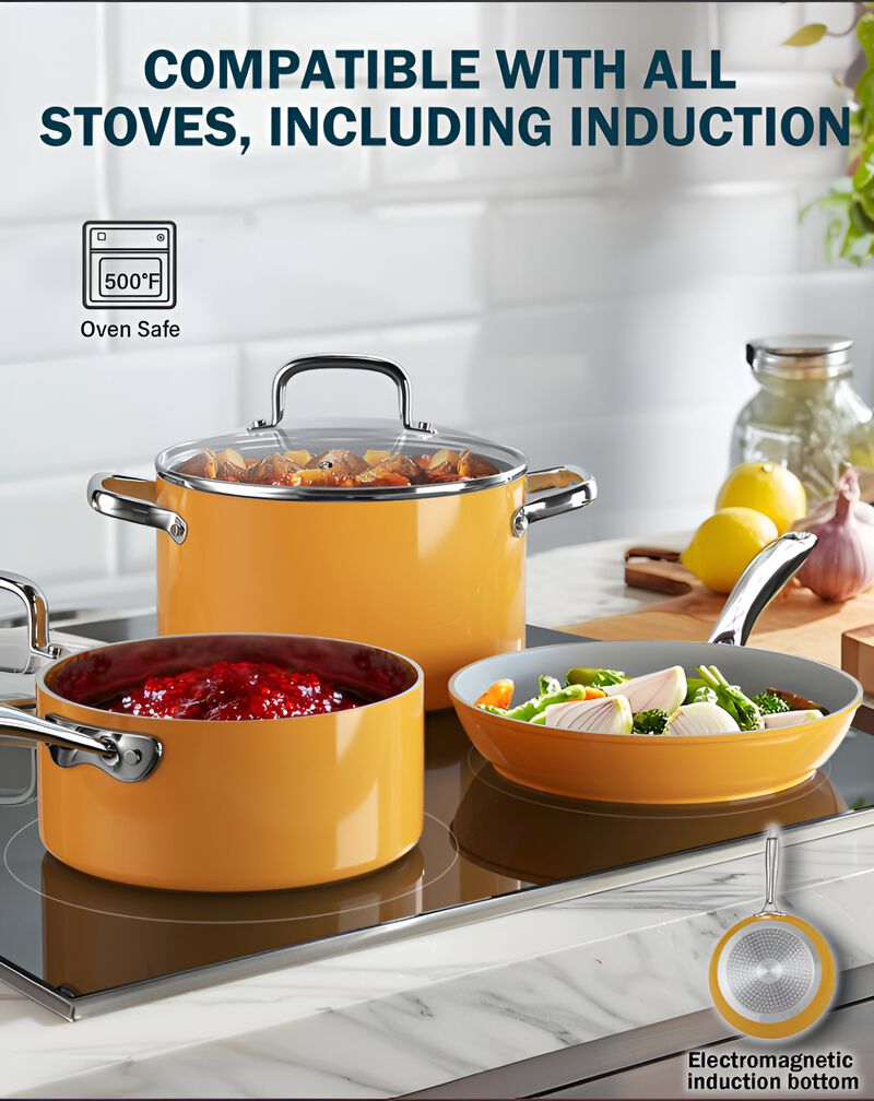 Cook N Home Classic 10-Piece Nonstick Cookware Set, Induction Pots and Pans with Glass Lids & Comfort Handles, Yellow image number 2