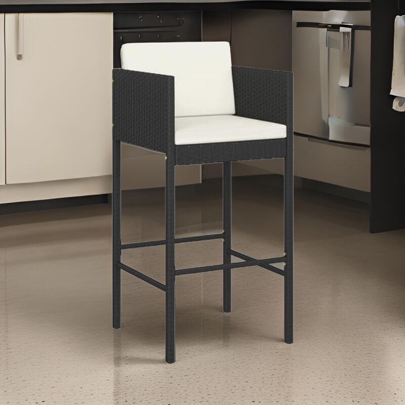 Outdoor Barstool Chair Set of 4, White Fabric Cushions, Black Rattan - Benzara