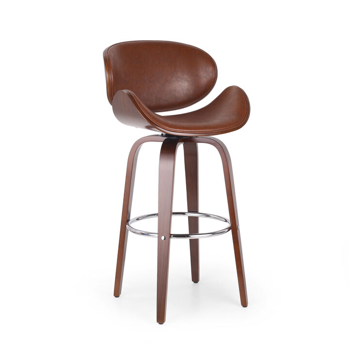 Zaine Swivel Barstool Chair, Walnut Veneer, Brown Faux Leather - Benzara