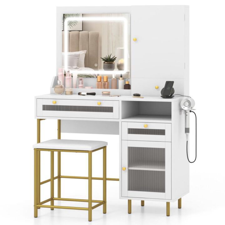 Hivvago Modern Makeup Vanity Desk with Mirror and Lights and Stool Set