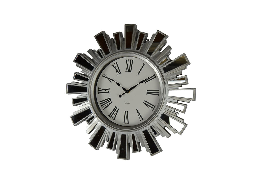 HomeRoots 19" Silver And Clear Mirrored Glass And Heavy Duty Plastic Silent Analog Sunburst Wall Clock