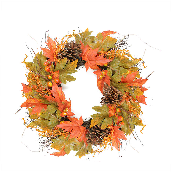 Orange Fall Leaves  Pinecones and Berries Artificial Thanksgiving Wreath  24-Inch  Unlit