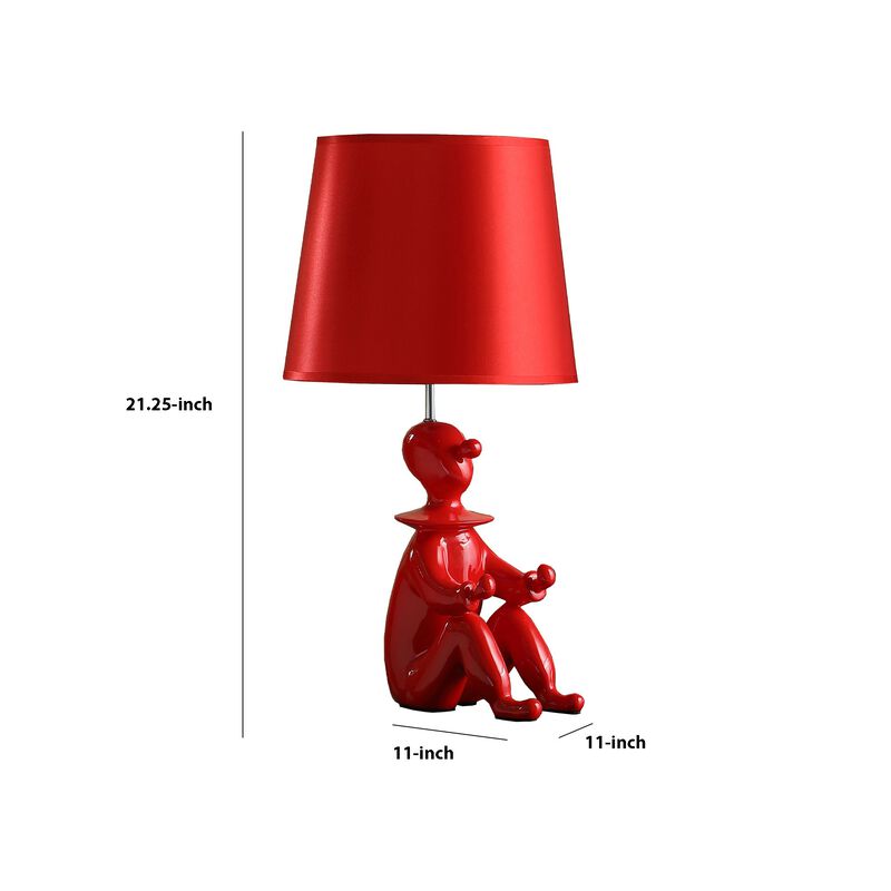 Fabric Shade Table Lamp with Polyresin Sitting Clown Base, Red - Benzara