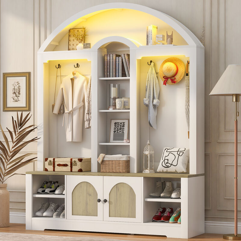 Merax Curved Two-Tone Hall Cabinet with Hooks, Shelves & Shoe Storage &ndash; Scandinavian Design image number 2