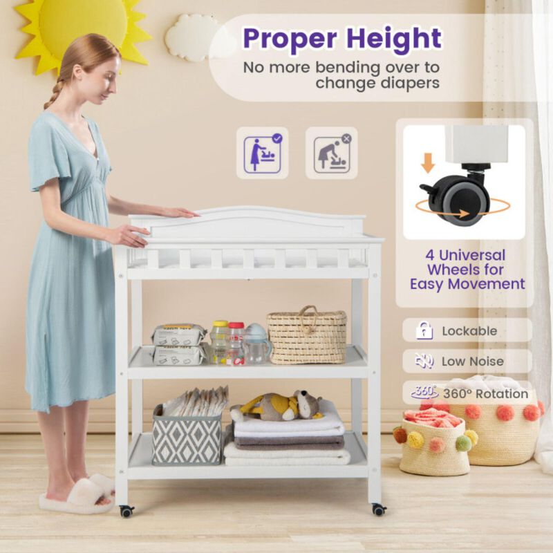 Mobile Changing Table with Waterproof Pad and 2 Open Shelves