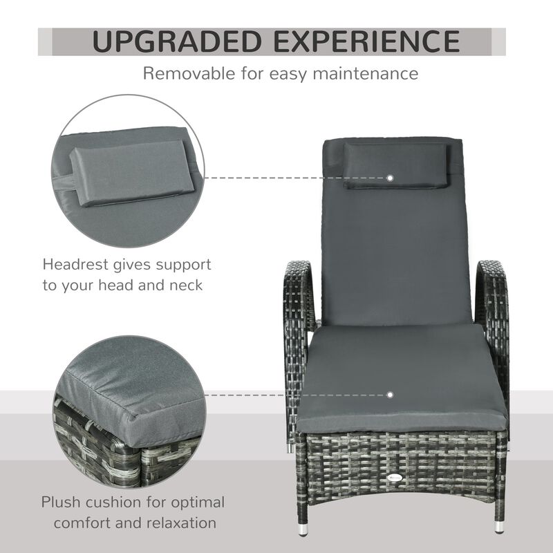 Patio Wicker Chaise Lounge, PE Rattan Outdoor Lounge Chair with Cushion, Height Adjustable Backrest & Wheels, Mixed Grey
