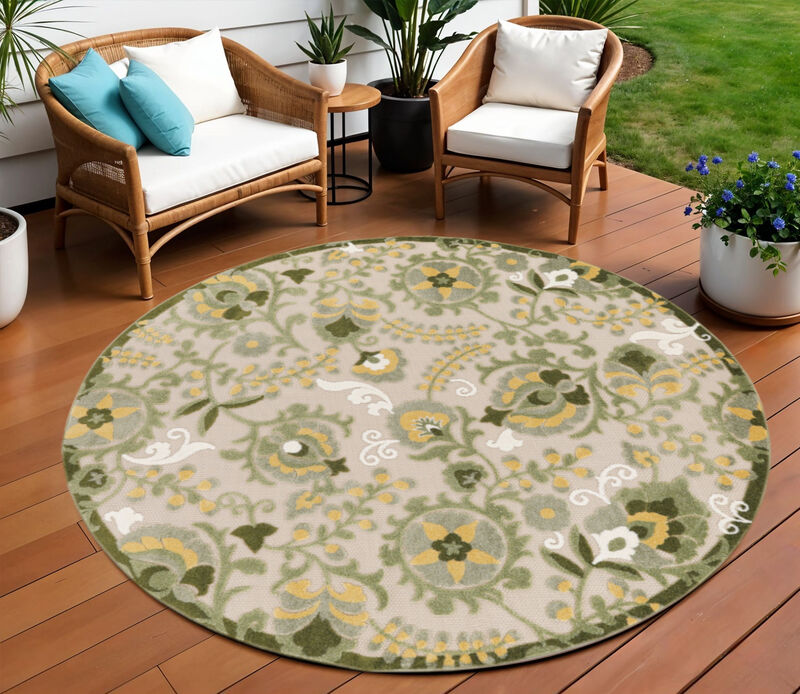 HomeRoots 8' Ivory Green And Yellow Round Floral Indoor Outdoor Area Rug image number 1