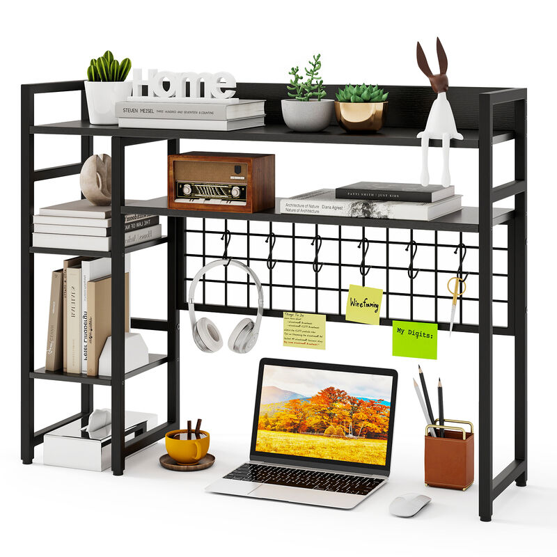 4-Tier Office Desk Shelf with Metal Grid Panel and Multiple Hooks