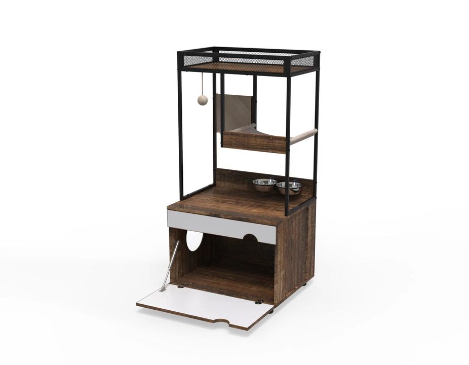 Hidden Cat Litter Box Enclosures with Cat Tree Tower, Cat Furniture with Scratching Pads and Large Storage Space, Industrial Cat Cabinet with Shelves and Doors, Rustic Brown
