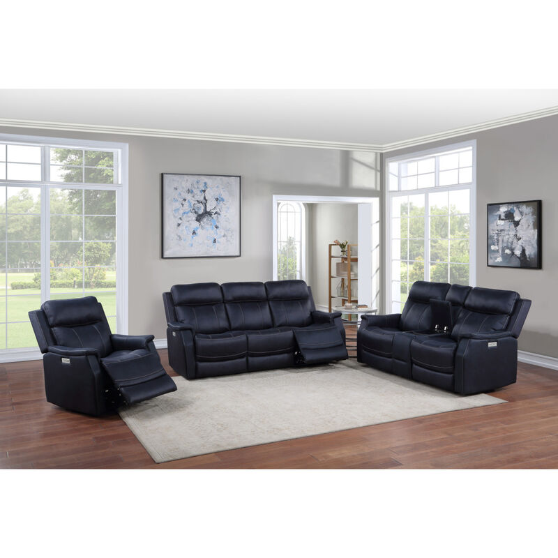 Clean Contemporary Dual-Power Recliner - Ocean Blue Leatherette, Power Footrest, Power Headrest - Easy-Care and Convenience