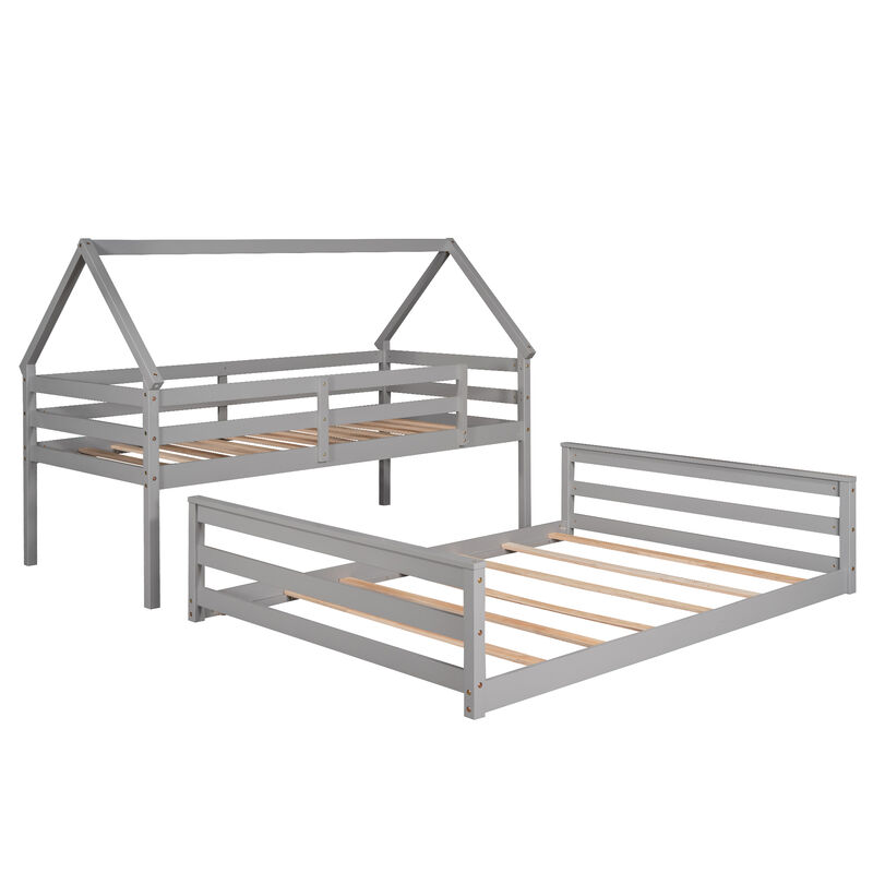 Whisen Wood Twin over Full House Bunk Bed with Built-in Ladder
