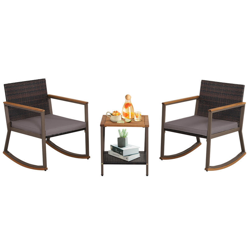 3 Pieces Rattan Rocking Bistro Set with Coffee Table and Cushions