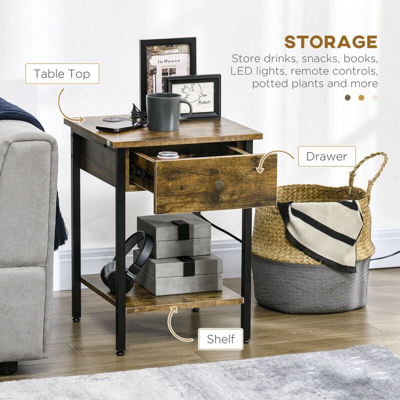 Rustic End Table: Wireless Charging, USB Ports, Warm Brown