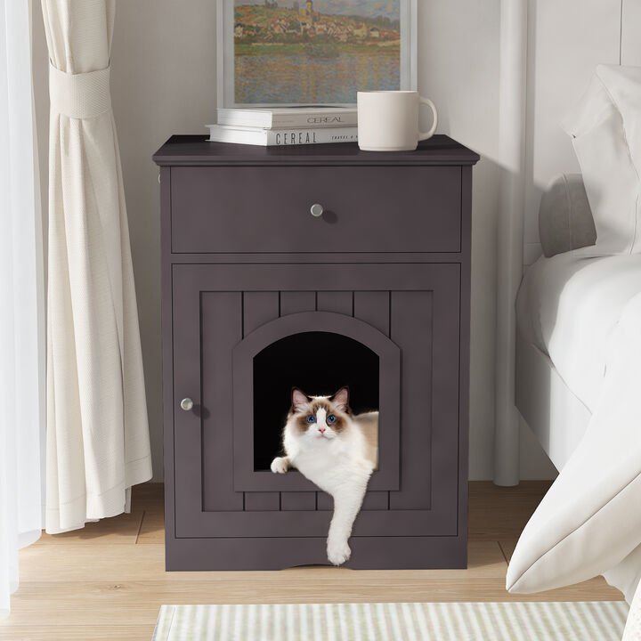 Wooden Pet House Cat Litter Box Enclosure with Drawer, Indoor Pet Crate, Cat Home Nightstand