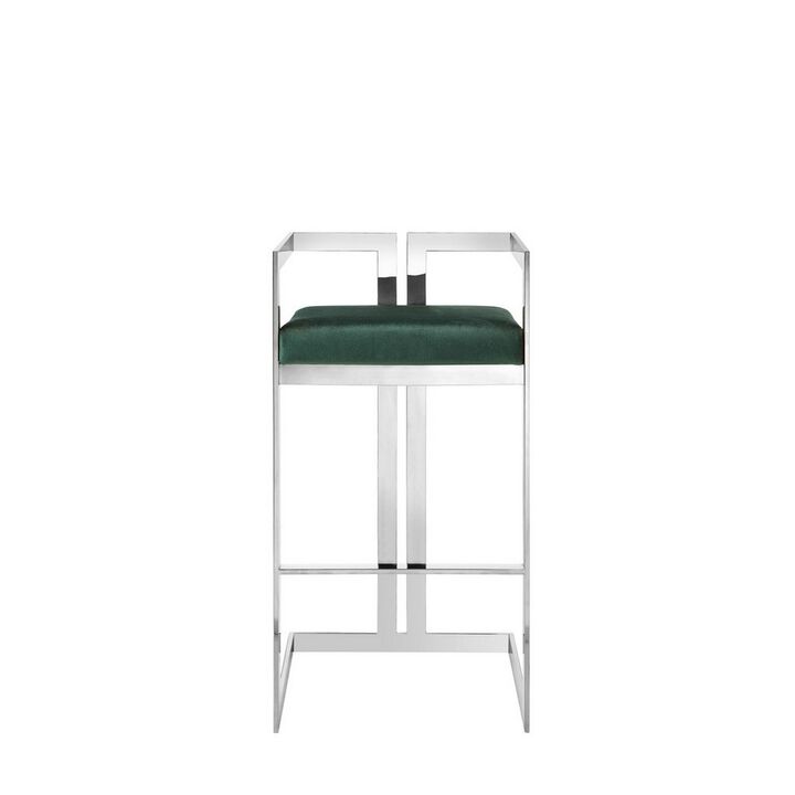 Suki 30 Inch Cantilever Barstool Chair, Foam, Green Velvet, Silver Frame - Benzara