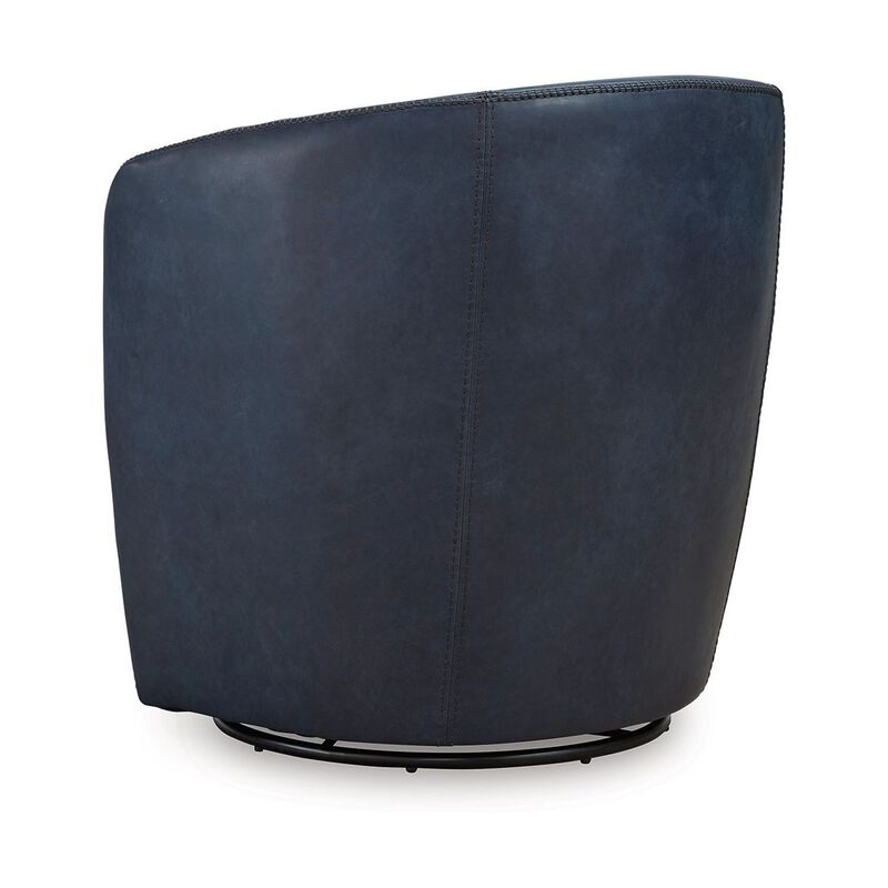 Niko Swivel Accent Chair, Round Barrel Design, Blue Top Grain Leather