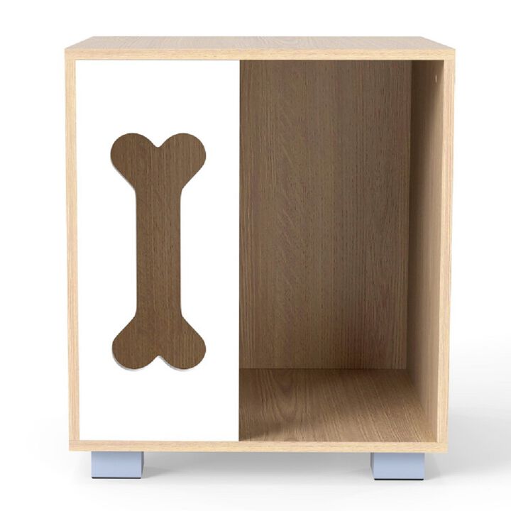 Wooden Dog Condo End Table with Bone Window and Metal Legs-Natural