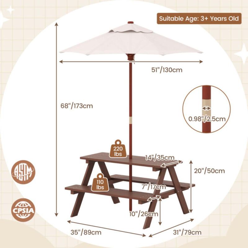 Hivvago Outdoor 4-Seat Kids Picnic Table Bench Set with Removable Umbrella