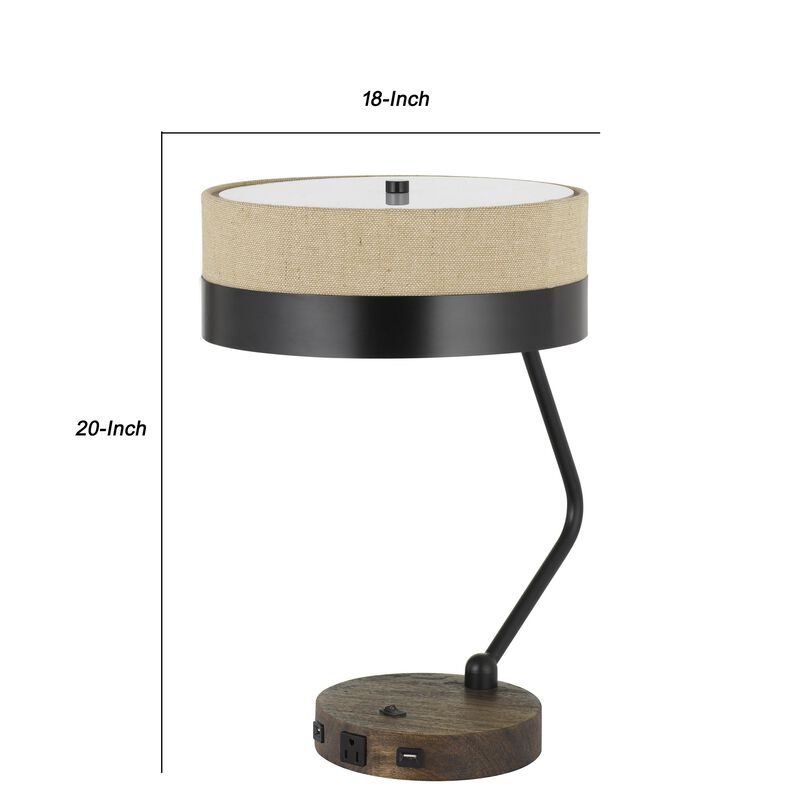 Metal Lined Fabric Shade Desk Lamp with Wooden Base, Beige and Black-Benzara