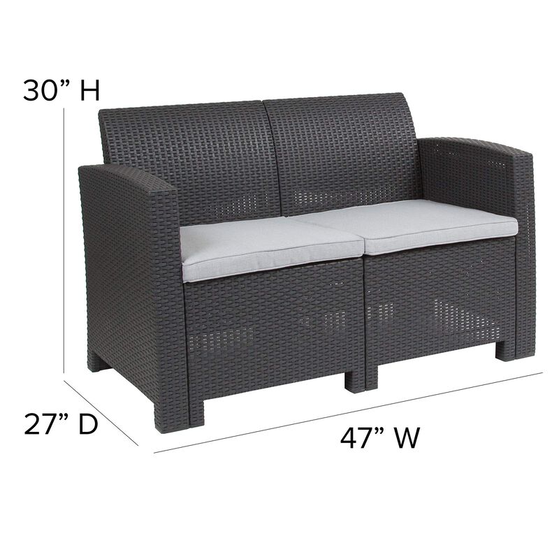 Flash Furniture Seneca Dark Gray Faux Rattan Loveseat with All-Weather Seneca Light Gray Cushions