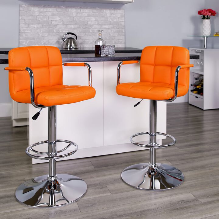 Flash Furniture Contemporary Quilted Vinyl Adjustable Height Barstool with Arms and Chrome Base, 1 Pack, Orange