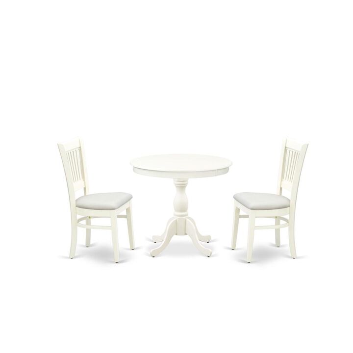 AMVA3-LWH-C - 3-Piece Dinette Set- 2 Dining Room Chair and Round Dining Table - Linen Fabric Seat and Slatted Chair Back (Linen White Finish)