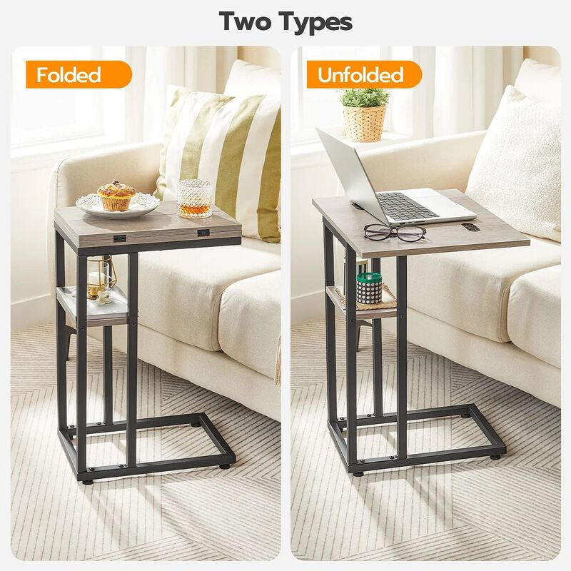 Space-Saving C-Shaped End Table with Storage Pocket and Foldable- Greige image number 6