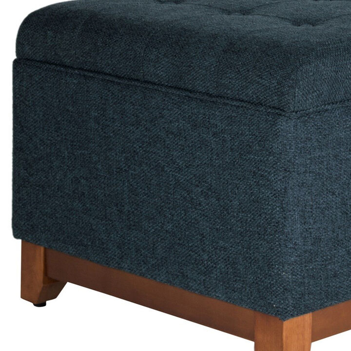 Textured Fabric Upholstered Wooden Ottoman With Button Tufted Top, Blue and Brown - Benzara