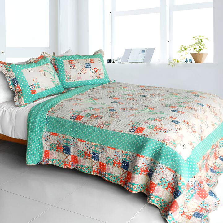 Start My Youth 3PC Cotton Quilted Printed Quilt Set Queen Size Cozy Bedding