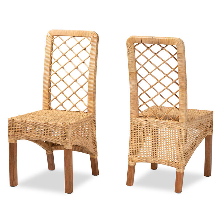 Baxton Studio Moscow Modern Bohemian Natural Brown Rattan and Walnut Brown Mahogany Wood 2-Piece Dining Chair Set