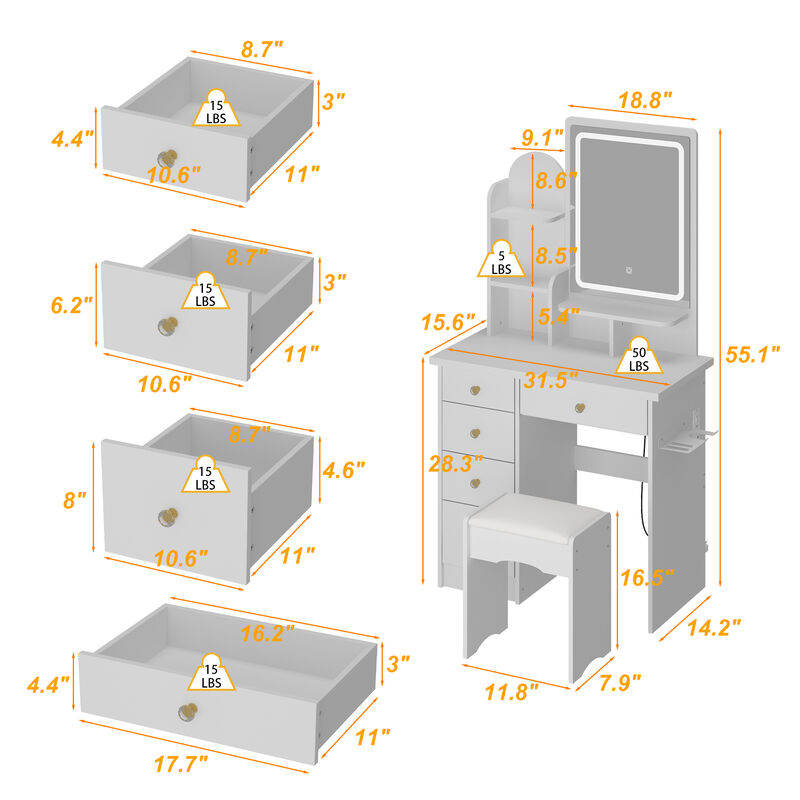 5-Drawers White Makeup Vanity Sets Dressing Table Sets With Stool, LED Lighted Mirror, Power Strip and Hair Dryer Holder