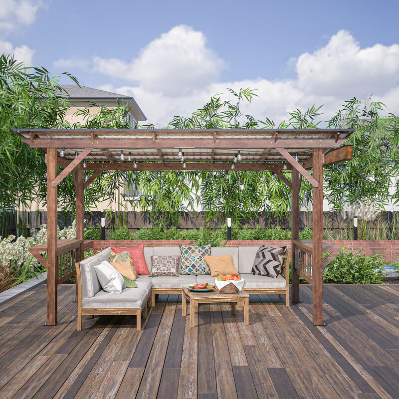 13' x 6.5' Wooden Pergola Grill Gazebo with Metal Roof & Bulbs & Bar Counters image number 1