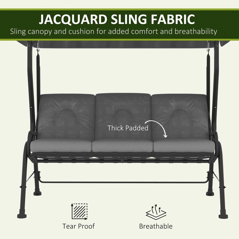 3-Seat Patio Swing Chair, Outdoor Canopy Swing with Adjustable Shade, Cushion, for Porch, Garden, Poolside, Backyard, Grey image number 5