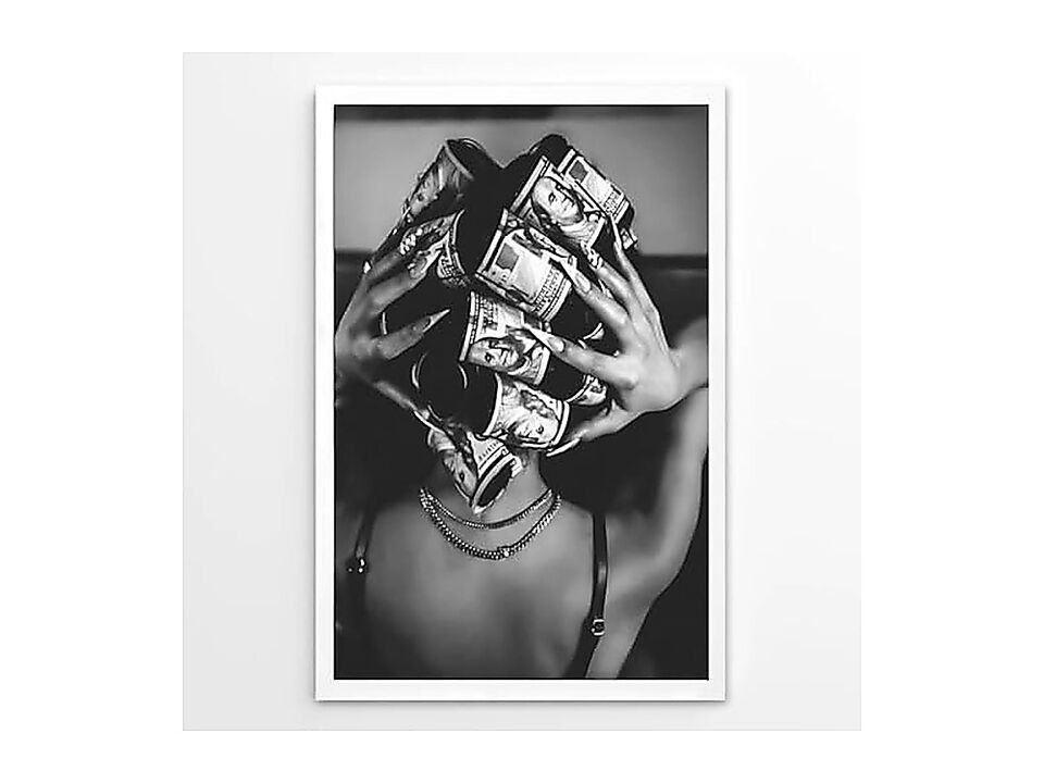 Trendy Black White Wall Art Luxury Money Hair Rollers Woman Poster Retro Bold