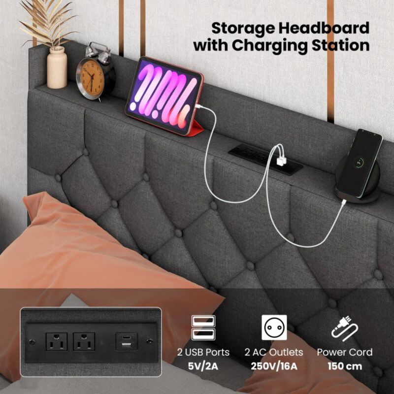 Hivvago Floating Bed Frame with LED and Headboard and Charging Station