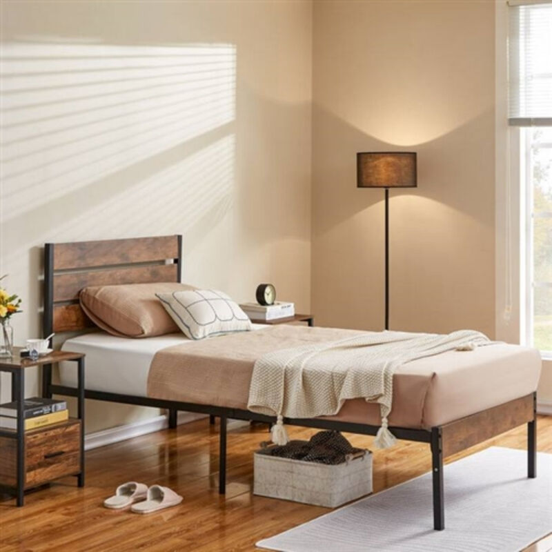 Industrial Metal Bed Frame with Slatted Wood Headboard and Footboard