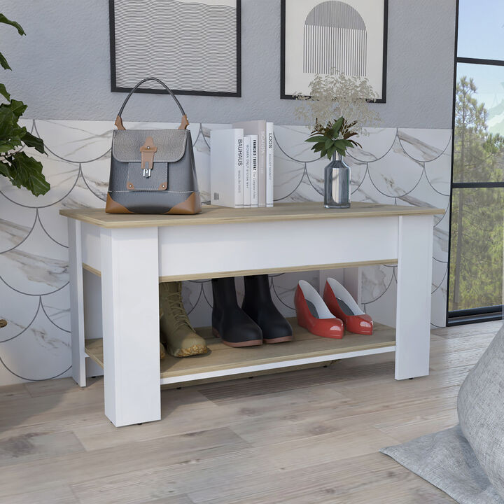 Austin Storage Table, One Extendable Table Shelf, Four Legs, Lower Shelf -Light Oak / White