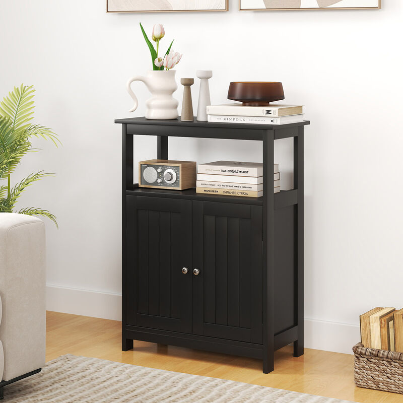 Small Bathroom Floor Cabinet with Open Storage Compartment and Closed Shelves