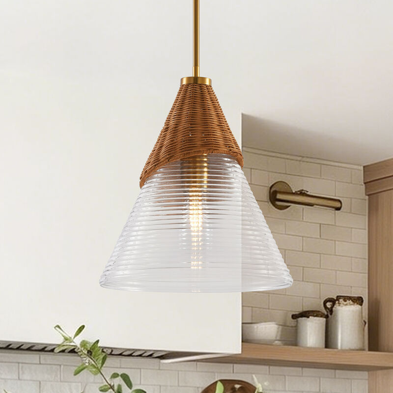 14" Bohemian Coastal Gold Handwoven Rattan Pendant Light with Clear Ribbed Cone Glass Shade for Bedroom, Living Room or Kitchen Island image number 1