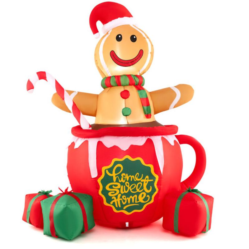 Hivvago 7 Feet Inflatable Gingerbread Man in Hot Cocoa Mug with Built-in LED Lights and Gift Boxes