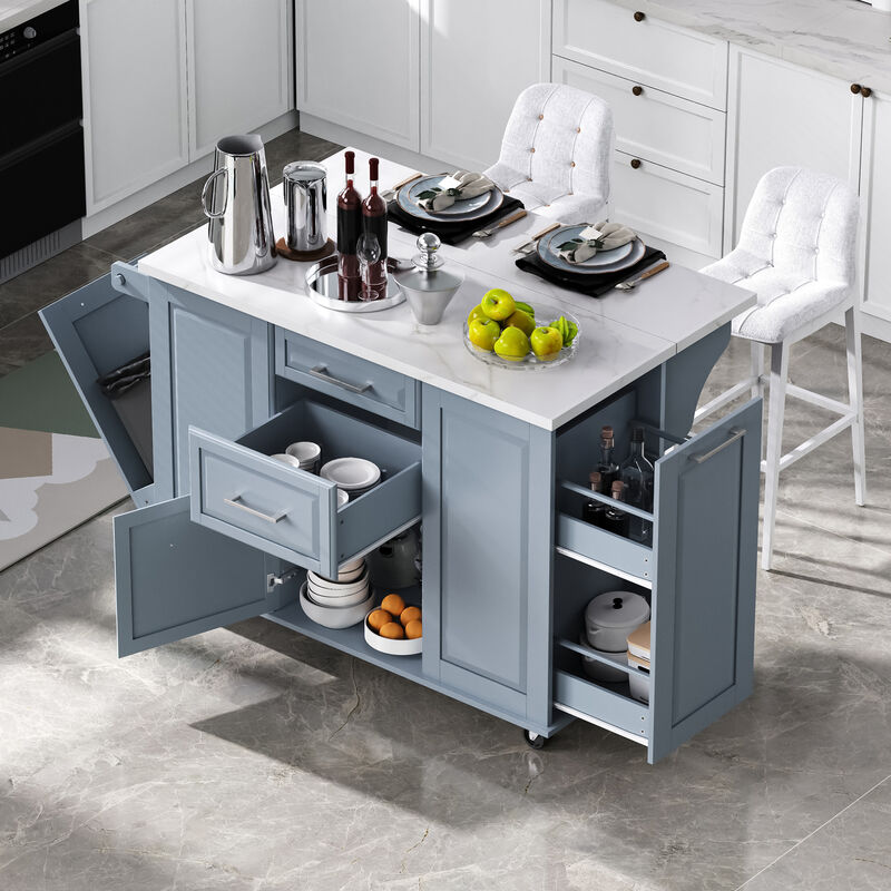 Merax Mobile Kitchen Island with Trash Cabinet & Drop Leaf &ndash; 2-Tier Pull-Out Organizer image number 2