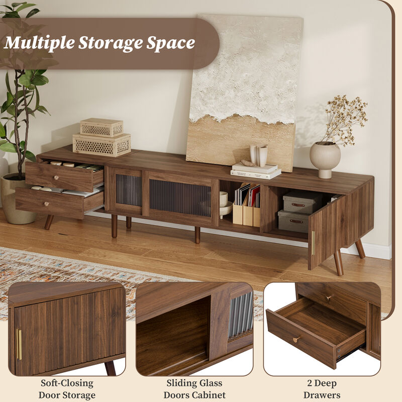 Merax TV Stand with Waveform Glass Doors, 2 Deep Drawers, Striped Texture Cabinets image number 4