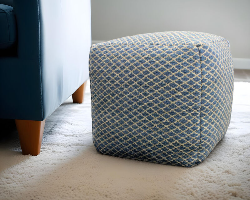 Hivvago 18 Inch Blue and Beige Wool Cube Trellis Pouf Ottoman