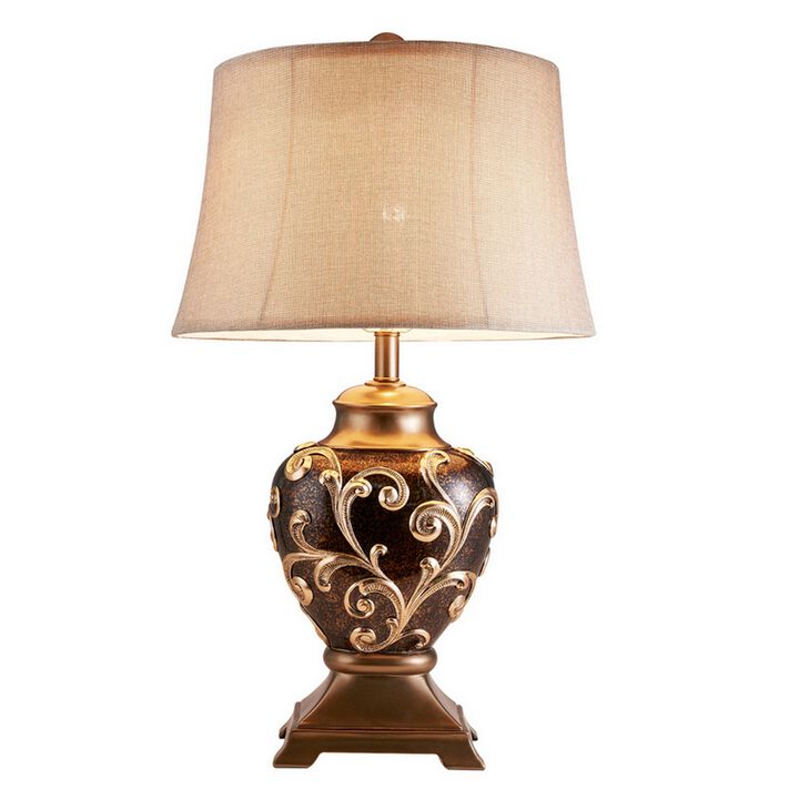Table Lamp with Filigree Accent Base and Fabric Shade, Brown-Benzara